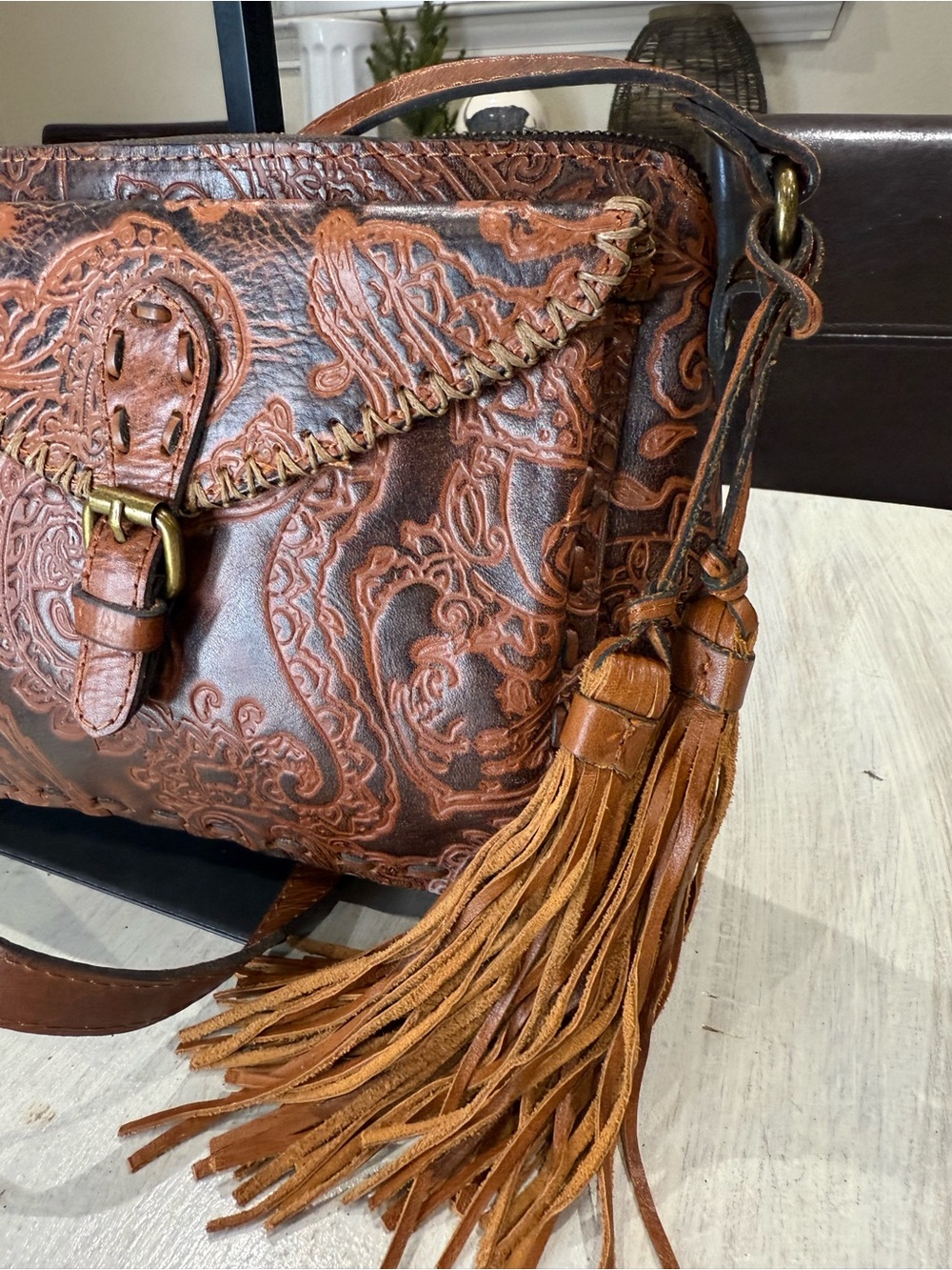 Patricia Nash Chestnut Tooled Leather Crossbody with Tassel - Picture 2 of 13